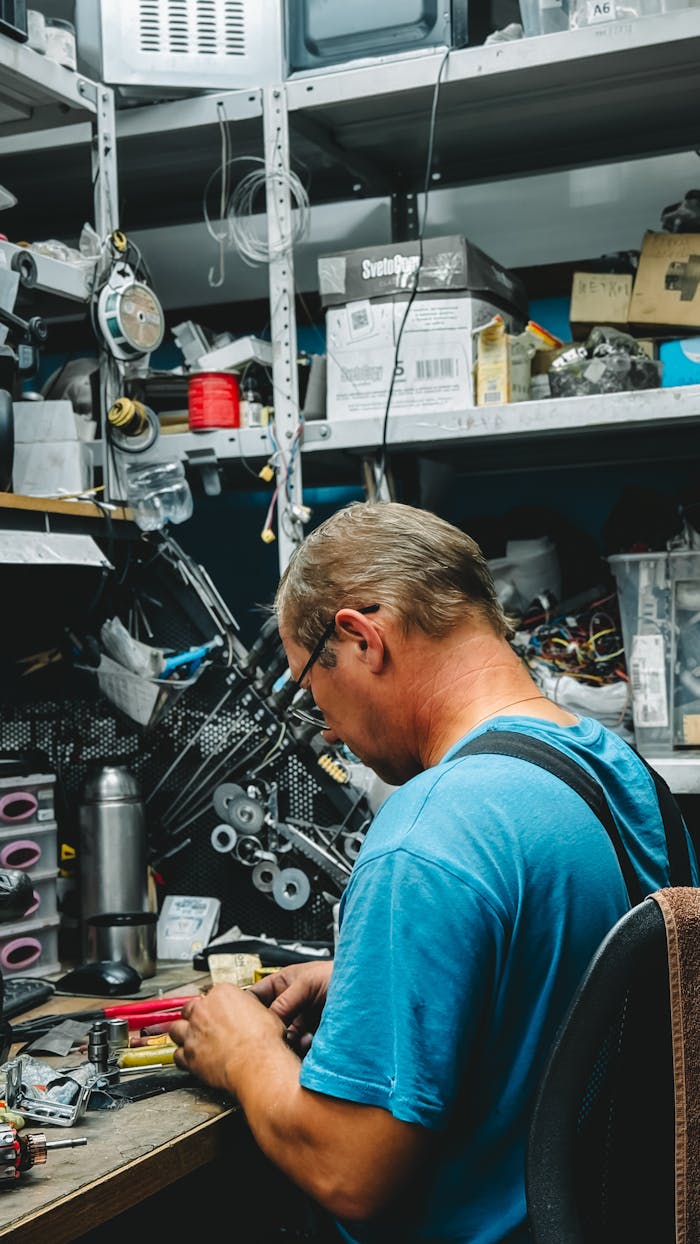 Services-01 Adult male focused on repairing electronics in a cluttered workshop.